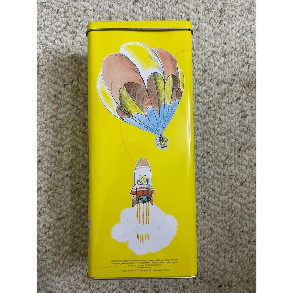 Vintage 1998 Curious George Astronaut Tin Yellow Space Monkey Collectible 11in